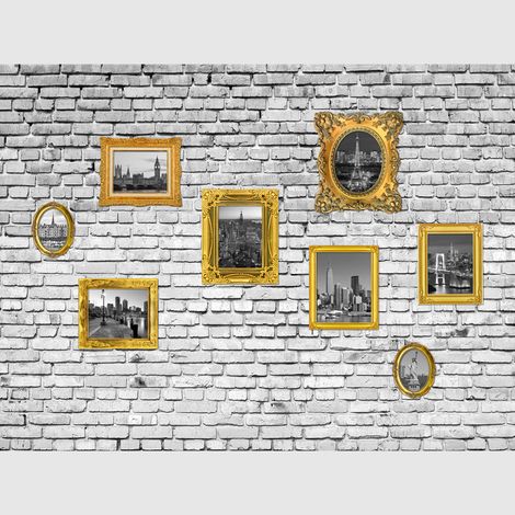 Papier peint intissé - Cadres dorés de monuments sur un mur de briques grises- 360x270 cm