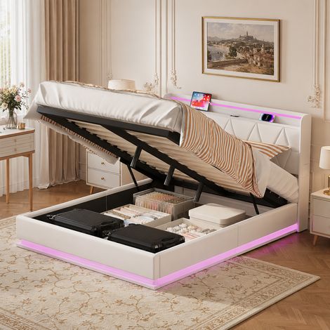 Lit coffre 140×200 cm,lumière LED,port USB,lit double rembourré,rangement hydraulique,cadre de lit 140×200,tête de lit avec rangement,style moderne,sommier à lattes,lit adulte,lit ados,Velours,Beige (1/5)
