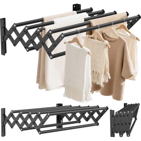 Étendoir à Linge Mural Pliable, Séchoir à Linge Mural en Acier Inoxydable avec 7 Tiges, Largeur Rétractable: 42-80CM, Porte-Serviettes Suspendu pour Buanderie Salle de Bain, Petit (Noir) (1/5)