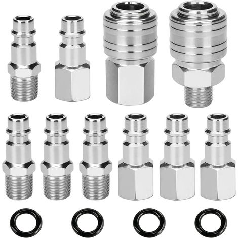 10 pezzi di raccordi rapidi da 1/4" BSP per compressori d'aria, raccordi pneumatici, per compressori, tubi flessibili, attrezzi per il gonfiaggio di pneumatici, con 4 anelli di gomma di ricambio (1/5)