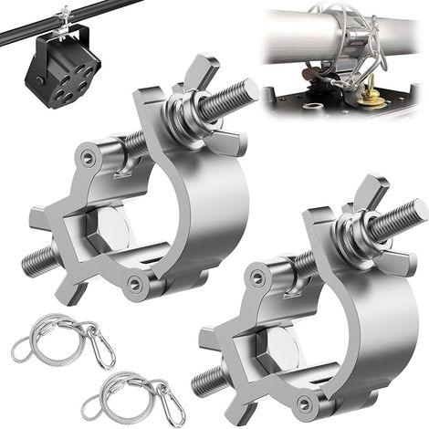 Lot de 2 pinces pour traverse de 25 à 30 mm + 2 câbles de sécurité 4 mm x 80 cm Crochets en alliage d'aluminium Câble de sécurité en acier inoxydable avec fermoir mousqueton Accessoires pour lumières (1/5)