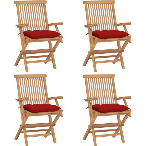 Sillas de jardín 4 uds madera maciza de teca con cojines rojos