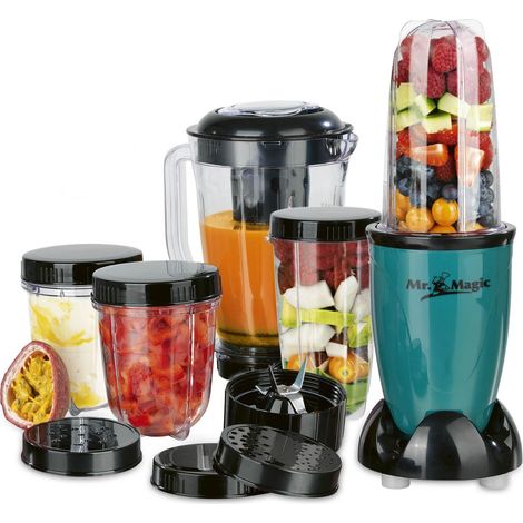 GOURMETmaxx Mr. Magic Mixer Smoothie Maker con confezione di accessori XXL 18 pezzi Frullatore con coperchi a tenuta stagna per la conservazione del fresco Per frullati, smoothies ecc. (1/5)