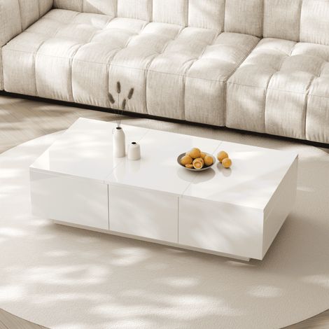 Table basse brillante 100 x 50 x 31 cm, rangement push-pull, tiroirs double-face, panneaux de particules, blanc (1/5)