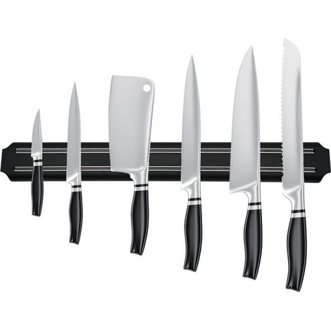 Porte couteau magnetique, barre aimantée porte couteaux, range couteaux cuisine magnétique en acier inoxydable noir porte barre à couteaux aimantée pour cuisine (38 cm) (1/5)