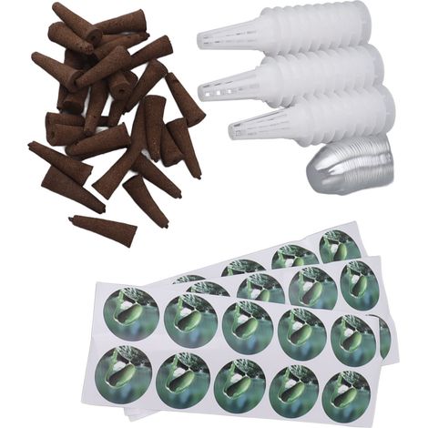 Kit de culture hydroponique de tomates comprenant 30 capsules de germination, des paniers de culture, des couvercles, des éponges et des autocollants. (1/5)