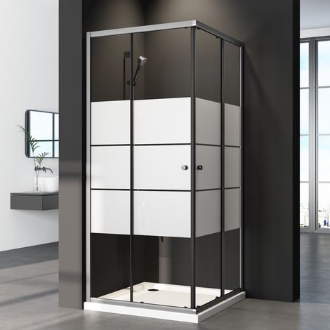 Duschkabine Schwarz 100x100 cm Eckeinstieg mit Schiebetüren, Duschschiebetür Duschabtrennung Duschwand aus 6mm ESG Sicherheitsglas mit weißen Querstreifen-Dekor, Höhe: 185cm