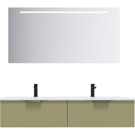 Meuble de salle de bain suspendu double vasque intégrée 140cm 2 tiroirs Vert olive + miroir - Soho (1/5)