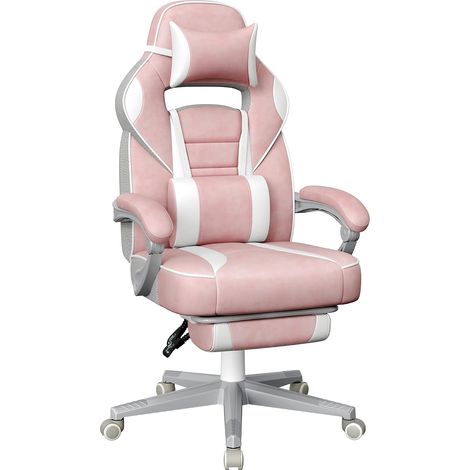 Fauteuil de Bureau, Chaise Gaming, Réglable, Repose-Pieds Télescopique, Mécanisme à Bascule, Appui-tête, Support Lombaire, Charge 150 kg, Rose Bonbon et Blanc Crème (1/5)