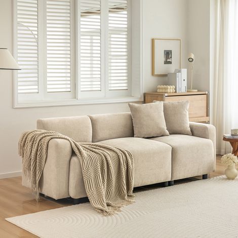 Canapé 3 places en tissu chenille beige, accoudoirs arrondis, avec 2 coussins HAVRYA (1/5)