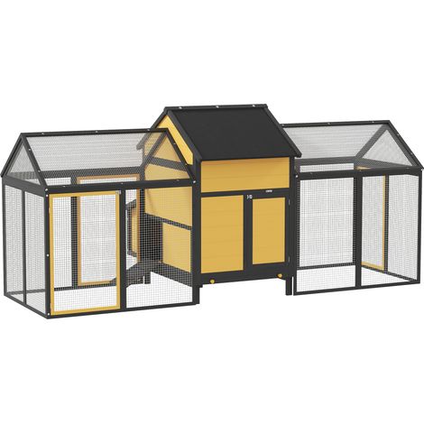 Poulailler clapier pour petits animaux avec 2 enclos extérieurs, 1 pondoir, 2 rampes, toit en asphalte, résistant aux intempéries, jaune (1/5)