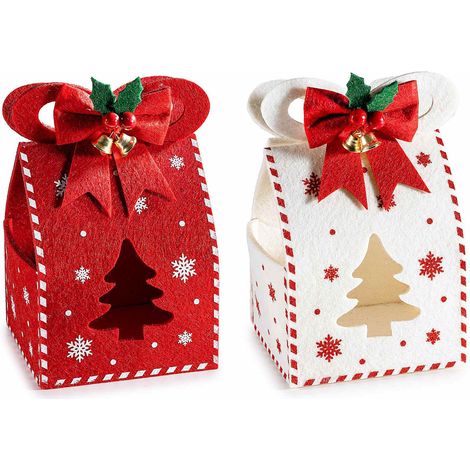 Contenitori natalizi in panno a sacchetto apribile con fiocco, agrifoglio, campanelle, set da 8 pezzi, cm 9,5 x 9 x 15 H