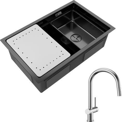 Cecipa Lavello Cucina 1 Vasca Antracite con Gocciolatoio e Vasca Lavello Incasso 70×44×21CM + Miscelatore Cucina Acciaio Inox Spazzolato con Doccetta Estraibile (1/5)