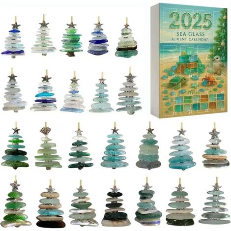 Sea Glass Christmas Tree Advent Calendar, 24 Days Christmas Countdown Calendar with 24 Mini Natural Sea Glass Christmas (1/5)