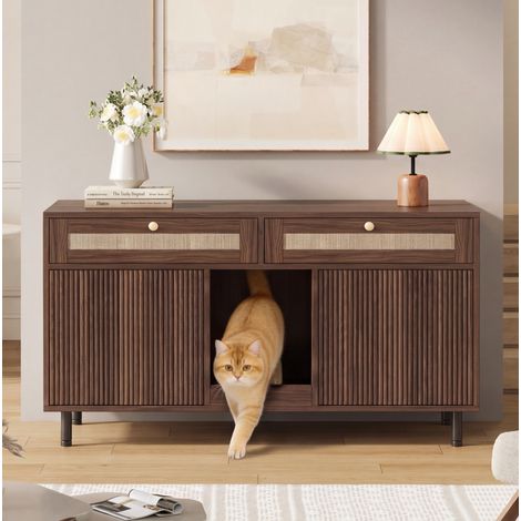 Mobile per lettiera per gatti con tappeto anti-lettiera, MDF, noce, 120 x 50 x 65 cm, REDOM (1/5)