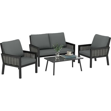 Dark Grey 4-Seat Woven Resin Garden Set with Cushions (1/5)