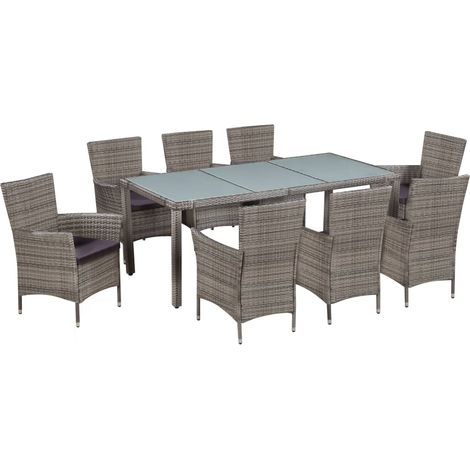 9-tlg. Garten-Essgruppe mit Auflagen Poly Rattan Grau