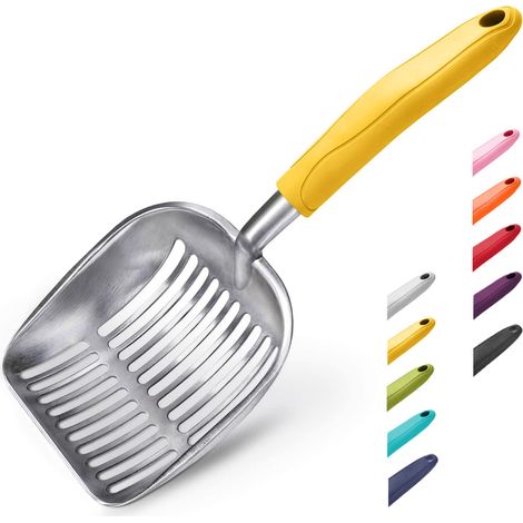 Pelle à litière pour Chat, Tamis en Alliage d'aluminium, Pelle Profonde, Longue poignée, Tamis à déjections Canines, Durable, Robuste, pour bac à litière, Aluminium Plat avec poignée Jaune. (1/5)