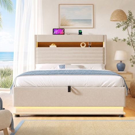 Letto contenitore imbottito 140x200 cm con USB Type-C, LED, vano idraulico, lino beige (1/5)
