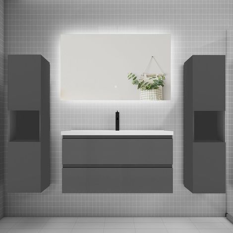 Ensemble meuble anthracite et vasque L.100cm 2 tiroirs + colonne2 haut + lavabo + miroir 80x60cm-suspendu (1/5)