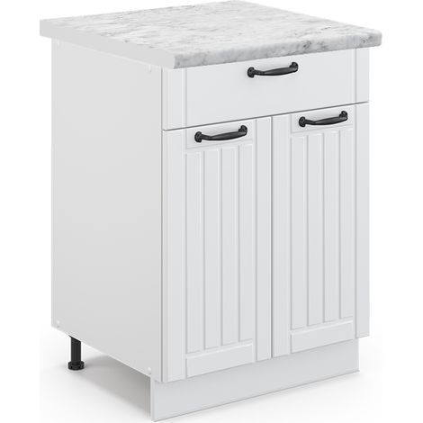 Küchenunterschrank Fame-Line, Weiß Landhaus, 60 cm mit Schublade, AP Marmor, Vicco