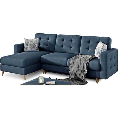 Ecksofa mit Schlaffunktion HASGARD, 3-Sitzer in Dunkelblau, 248x162 cm – mit Stauraum und Holzbeinen