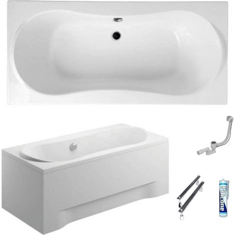 ECOLAM Baignoire rectangle Long Polimat 180x80 cm  tablier en acrylique  pieds siphon + silicone  Set complet (1/5)