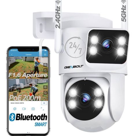GENBOLT PTZ Caméra Surveillance Extérieur, 2.4/5Ghz WiFi Caméra IP avec Double Objectif & Double Vue, Vision Nocturne Couleur, Détection Humaine,Suivi Auto (DC & PoE)