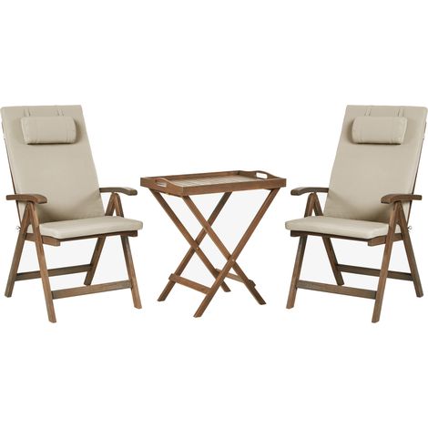 Conjunto de balcón rústico de acacia maciza natural mesa y 2 sillas plegables con cojines gris pardo Amantea Premium