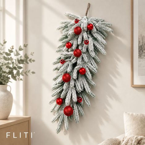 FLITI 80cm flocked Christmas wall garland with shiny red baubles and snow effect for fireplace decoration (1/5)