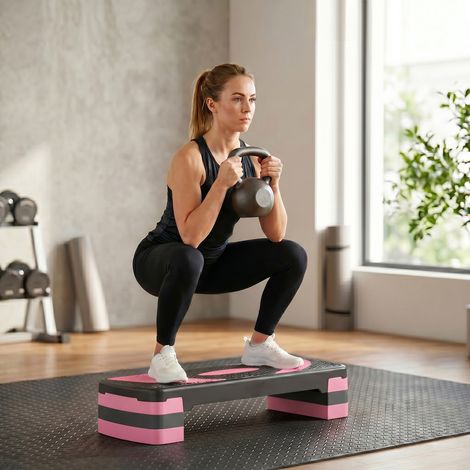 Step de fitness antidérapant à hauteur réglable (3 niveaux : 10/15/20 cm), capacité de charge de 150 kg, 80 x 31 x 20 cm, rose (1/5)