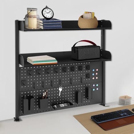 Clamp On Desk Shelf, 2-Tier Black Desktop Organizer with Pegboard, Clamp On Organizer Shelf, Desk Extender Pegboard Workstation, Countertop Storage Bookcase for Home, Office or Dorm 10012.595cm (1/5)