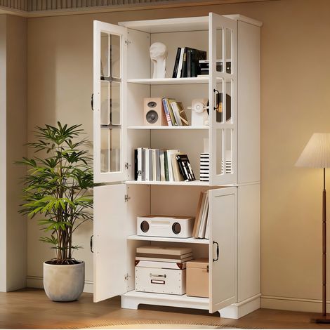 Vetrina 80x38x180 cm con 4 ante e 5 ripiani, vetro retinato, maniglie in metallo, truciolato bianco (1/5)