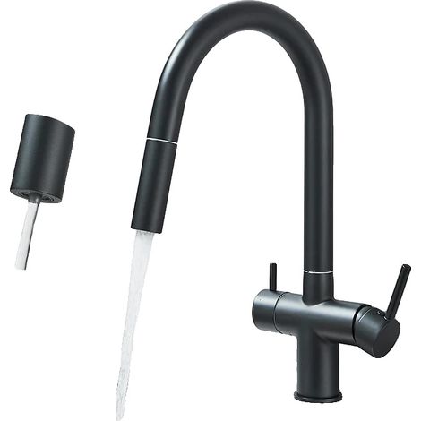 Rubinetto da cucina con doccetta estraibile, doppia maniglia, colore nero. (1/2)