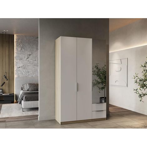 Armoire - Décor chene kronberg et blanc mat - 3 Portes + 2 Tiroirs + 1 miroir - L.119,4 x P.51,1 x H.203 cm (1/5)
