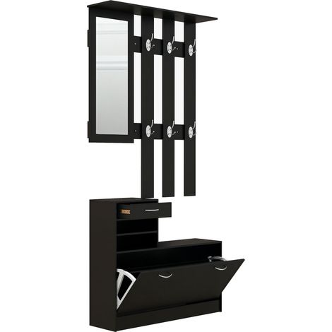 Ensembles 3 en 1 de meuble d'entrée vestiaire avec panneau porte-manteau, miroir et banc à chaussures - 6 crochets et étagère réglable, noir (1/5)