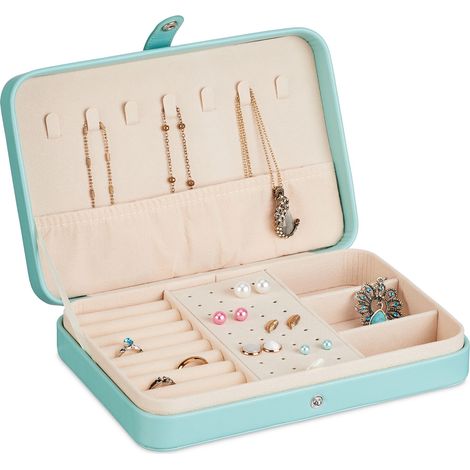 Relaxdays Valigetta Portagioie, Cofanetto Porta Gioielli Viaggio, Organizer Anelli e Collane, 4,5x21x14,5 cm, Turchese