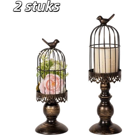 Lot de 2 bougeoirs lanternes vintage en métal en forme de cage à oiseaux pour décoration de maison table et intérieur couleur noire (1/5)