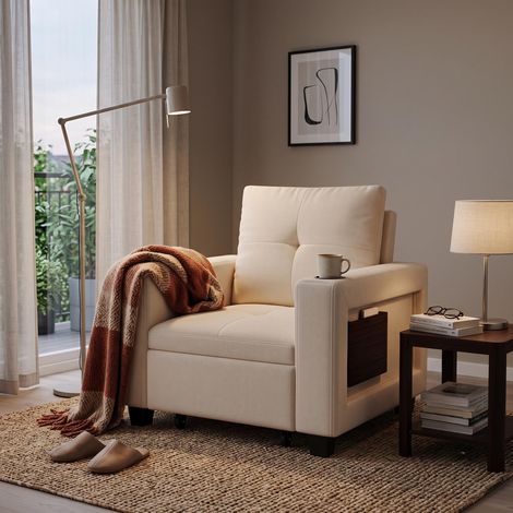 Fauteuil Convertible 3 en 1 Chenille Beige, avec Port USB Tablette Pliante Dossier Réglable, Fauteuil scandinave, Gain de place (1/5)