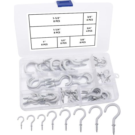 48 Pieces Screw Hooks Ceiling Screw Hooks Ceiling Hooks Vinyl Coated Ceiling Screw Hooks 6 Sizes - White