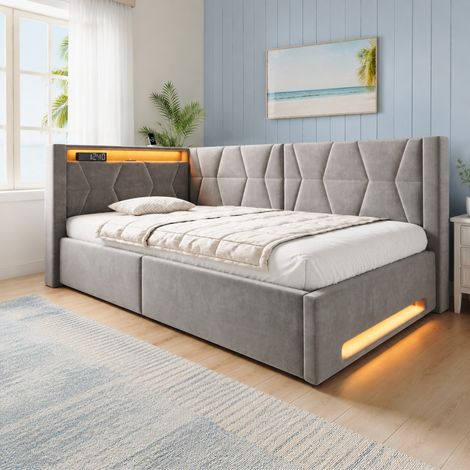 Cama con almacenaje 90x200 cm con LED, USB Tipo-C, somier de láminas y terciopelo gris OKMYHOME (1/5)