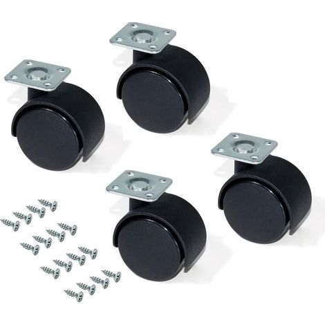 Emuca - Roulettes pivotantes noires pour meubles, sans frein, diamètre 30 mm, avec plaque de fixation et roulements à billes, lot de 4 (1/5)