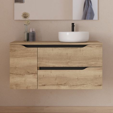 Meuble de salle de bain 100cm avec plateau et vasque à poser déportée à droite Ares - sans miroir - 2 tiroirs et un placard - madera miel (bois clair) - ZARZA