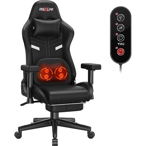Fauteuil de jeu, fauteuil de bureau ergonomique avec fonction massage par pétrissage et chauffage, dossier haut, soutien lombaire avec repose-pieds, accoudoirs rembourrés réglables en 2D - Noir