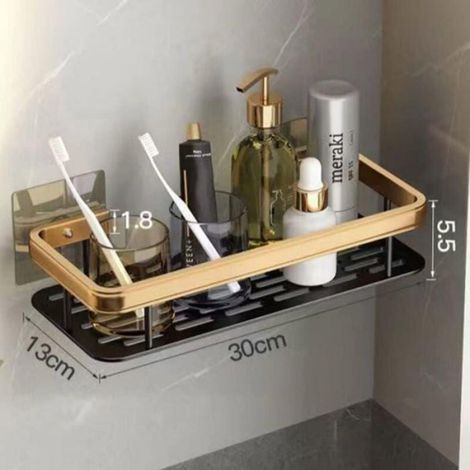 Lot 2 Étagères Douche Sans Percage en Aluminium Anti-Rouille (Or/Noir, 13×30×55cm), Design "Space" (1/4)