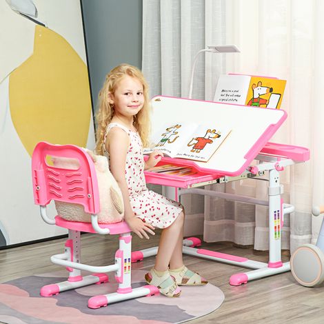 Escritorio y Silla para +6 Años con Altura Ajustable e Inclinable 80x49,5x82-104 cm y 35,5x43,5x63-73 cm Rosa (1/5)