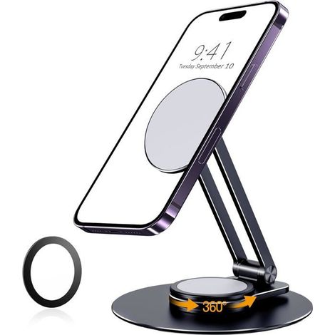 Support magnétique pour téléphone de bureau, support de veille réglable en aluminium avec rotation à 360° (noir) (1/4)