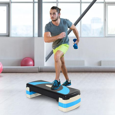 Step aerobico HOMCOM, step fitness antiscivolo con 3 livelli di altezza (10/15/20 cm), pedana per esercizi e ginnastica a casa, portata massima 150 kg, 80x31x20 cm, blu