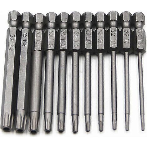 Set mit 11 langen Torx-Bits für Schraubendreher und Bohrmaschinen – Magnetische Bits – 1/4"-Sechskantschaft – Größen T6 bis T40 – Länge 100 mm