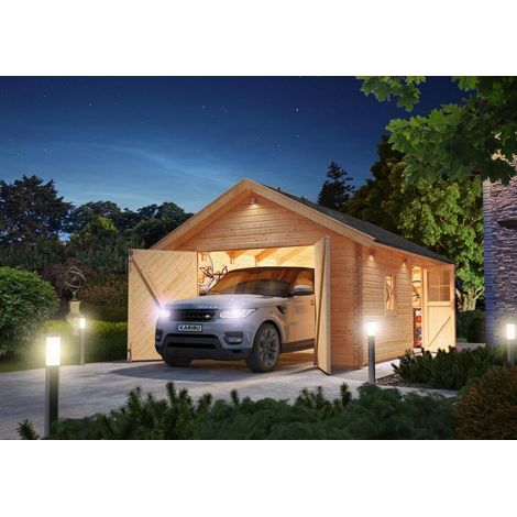 Karibu Blockbohlengarage 40 mm mit Satteldach Garage aus Holz, Unterstellplatz mit 40 mm Wandstärke Fertiggarage Naturbelassen